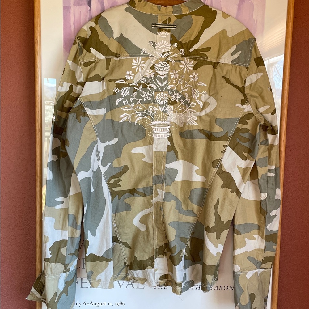 Johnny Was 3J Workshop Embroidered Cotton Camo Ribbon Trim Blouse, Size XL - Picture 6 of 11